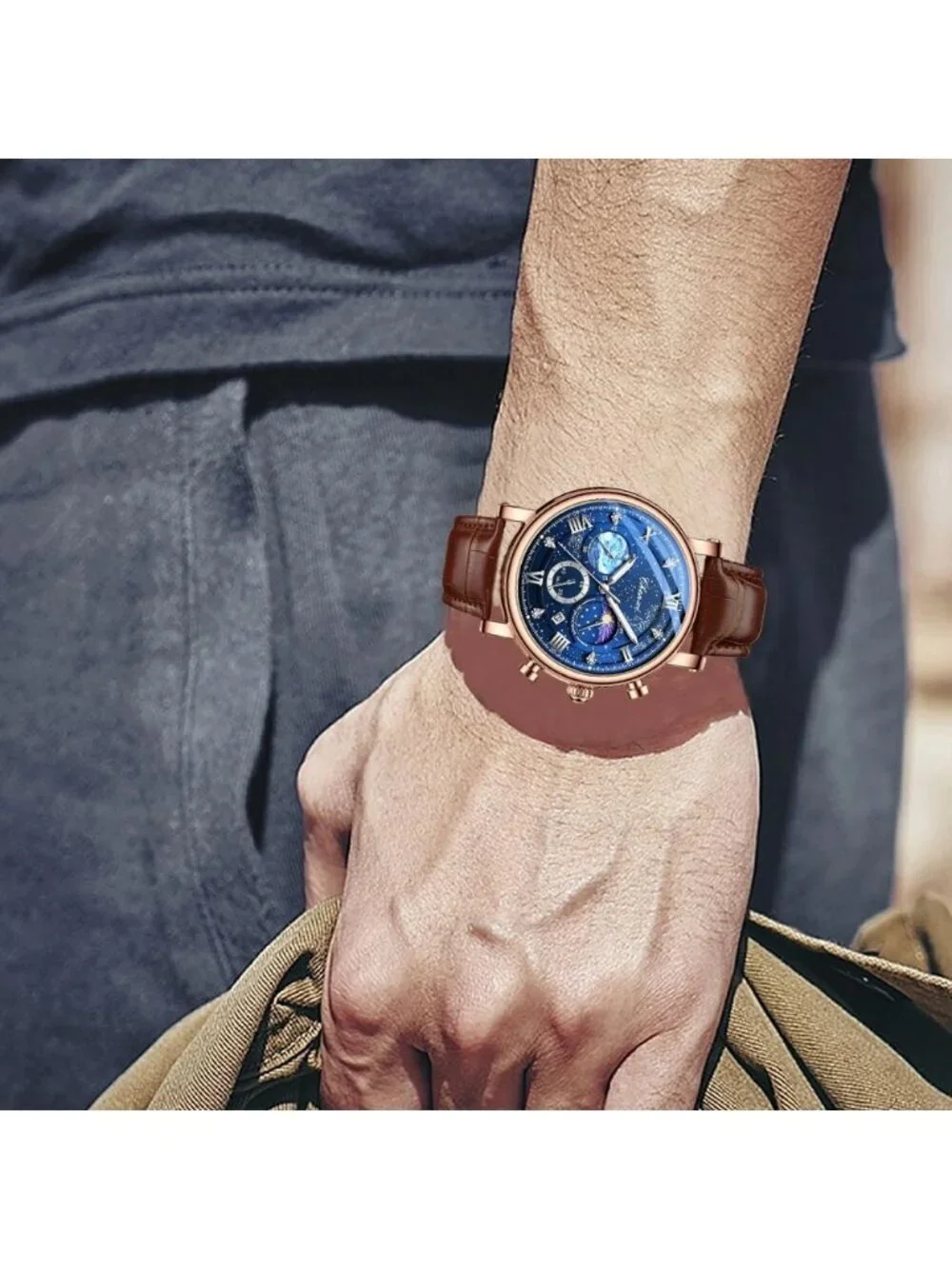Men's Brown Multifunctional Military Leather Sports Analog Chronograph Watch